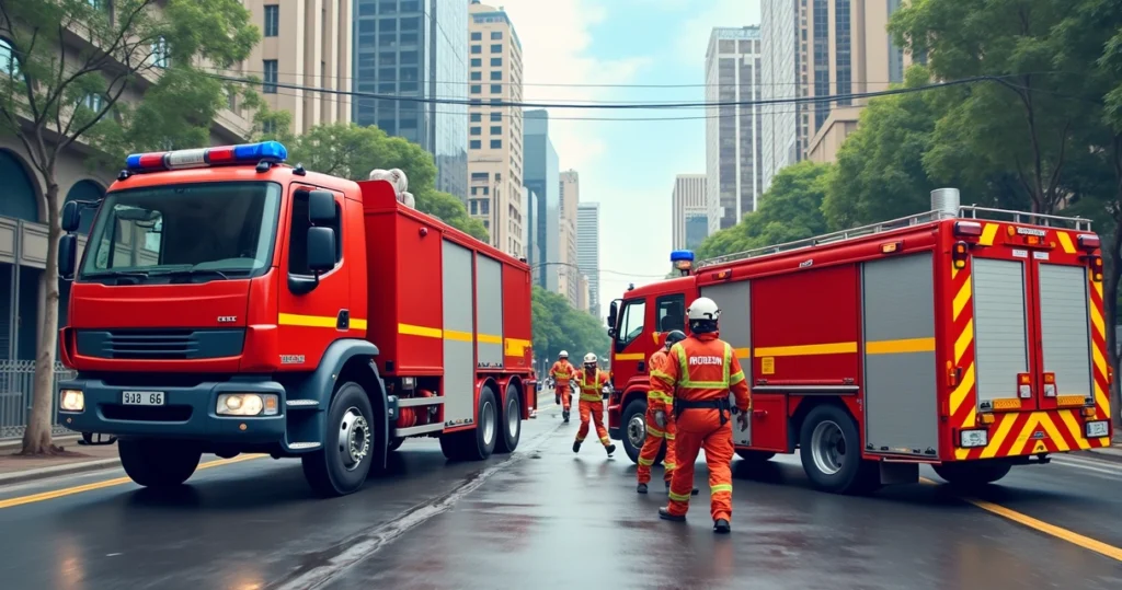 Equipe do Corpo de Bombeiros de São Paulo realizando operação de salvamento com equipamentos especializados em área urbana