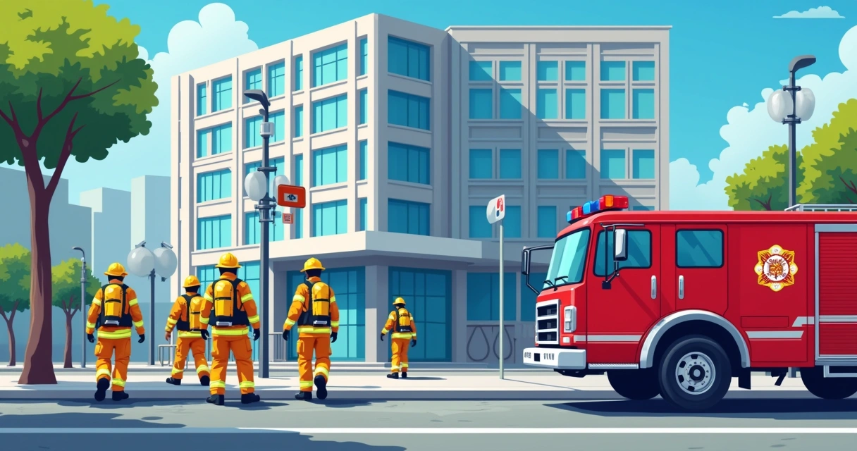 Equipe de bombeiros em ação diante de um edifício com caminhão de bombeiros ao fundo