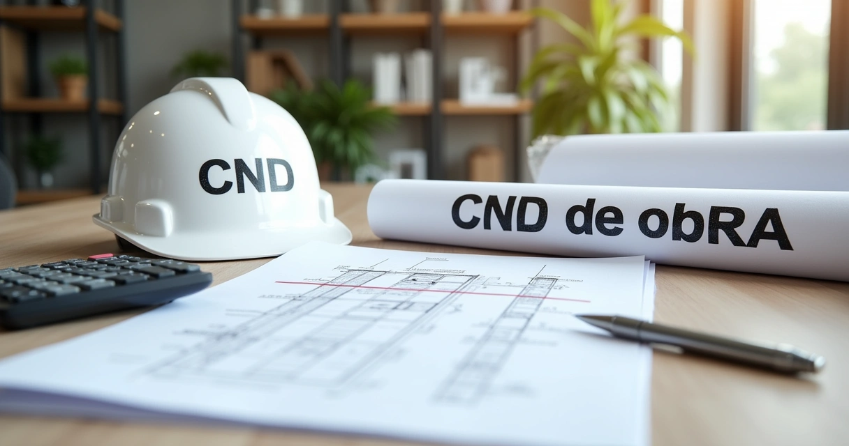 Documentos de CND de obra organizados sobre uma mesa com capacete e planta baixa de construção