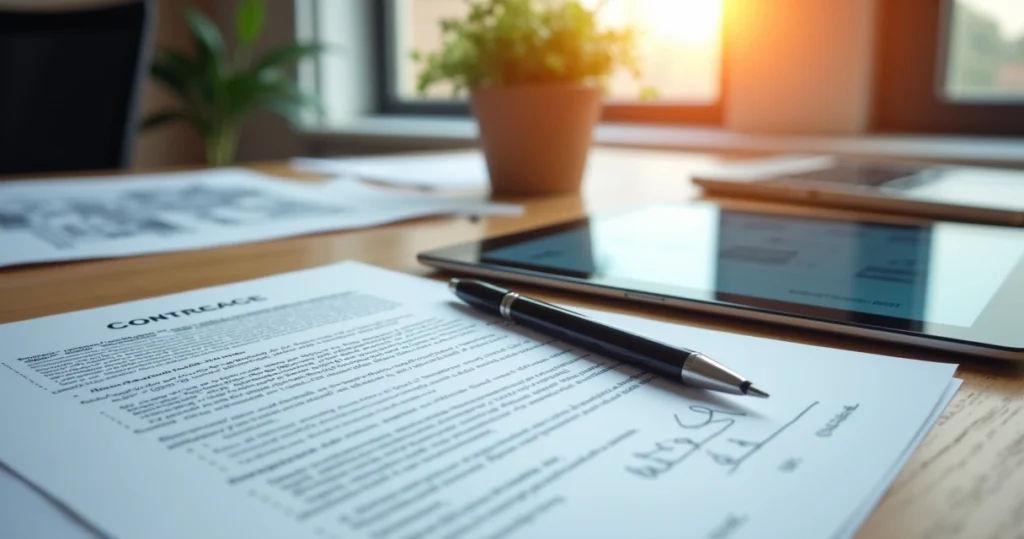 Documento de contrato imobiliário com caneta em cima e um tablet exibindo assinatura eletrônica