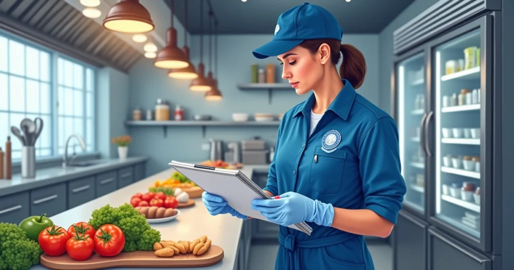 Fiscalização sanitária em restaurante com agente de vigilância verificando alimentos