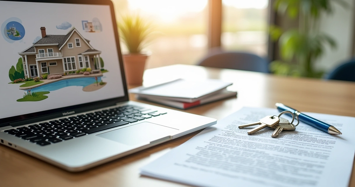 Mesa de escritório com laptop aberto exibindo sistema de gestão imobiliária, contrato, chaves e marcador em destaque