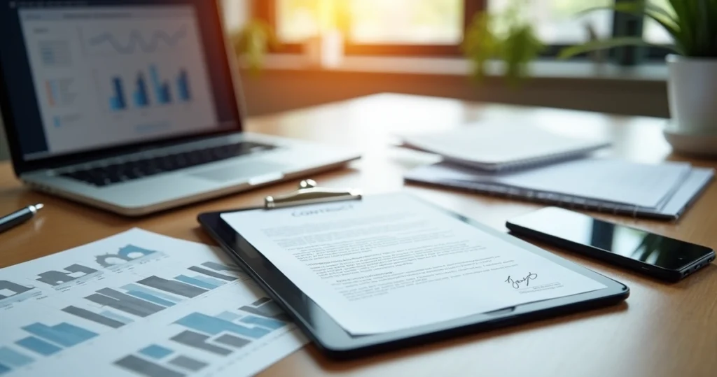 Mesa de trabalho com contrato digital aberto no tablet, laptop com gráficos financeiros e smartphone em ambiente moderno de escritório imobiliário