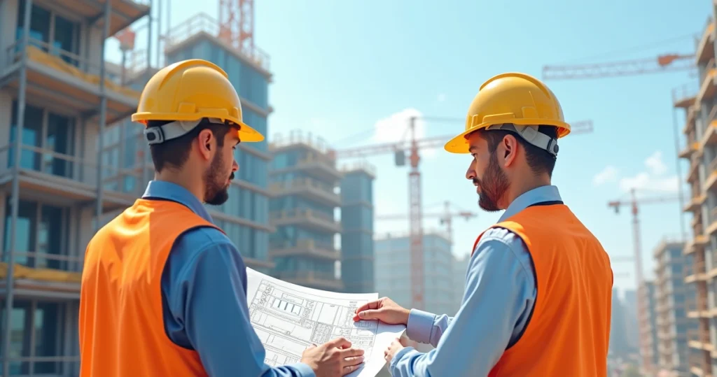 Engenheiro e arquiteto analisando planta de construção em local de obra