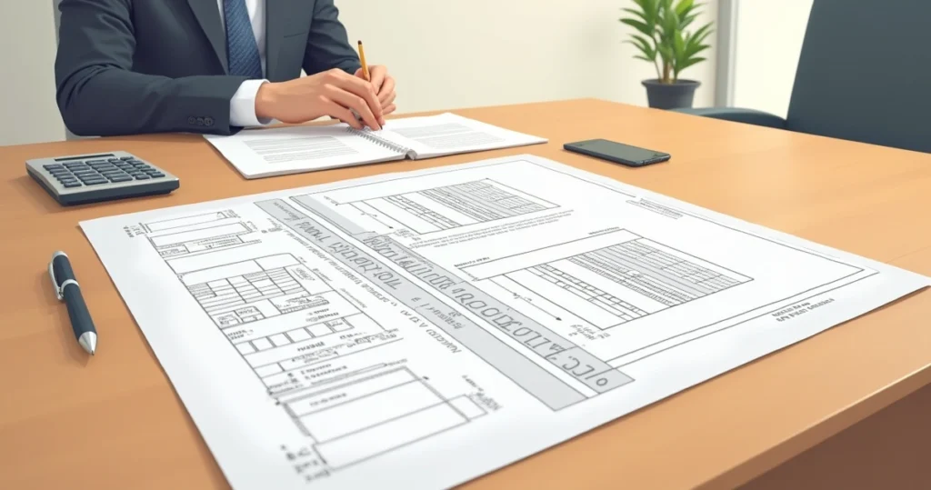Ilustração de documentos e planta de imóvel sobre mesa de madeira com caneta e calculadora ao lado