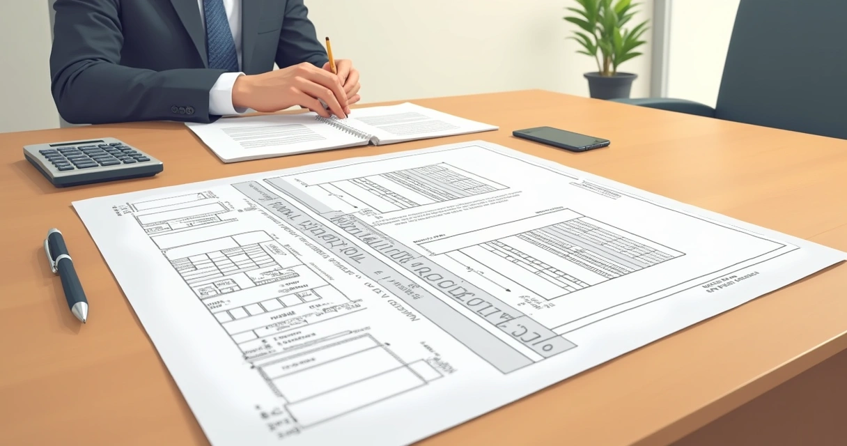 Ilustração de documentos e planta de imóvel sobre mesa de madeira com caneta e calculadora ao lado