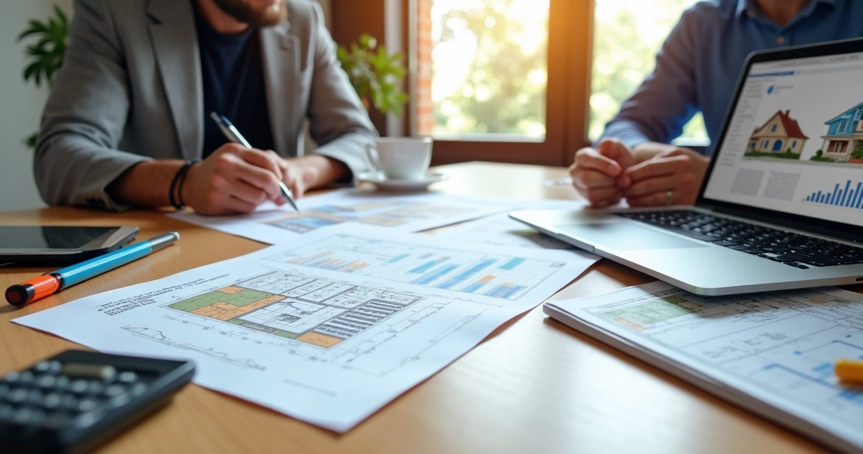 Profissionais analisando planta baixa e documentos para laudo de avaliação imobiliária