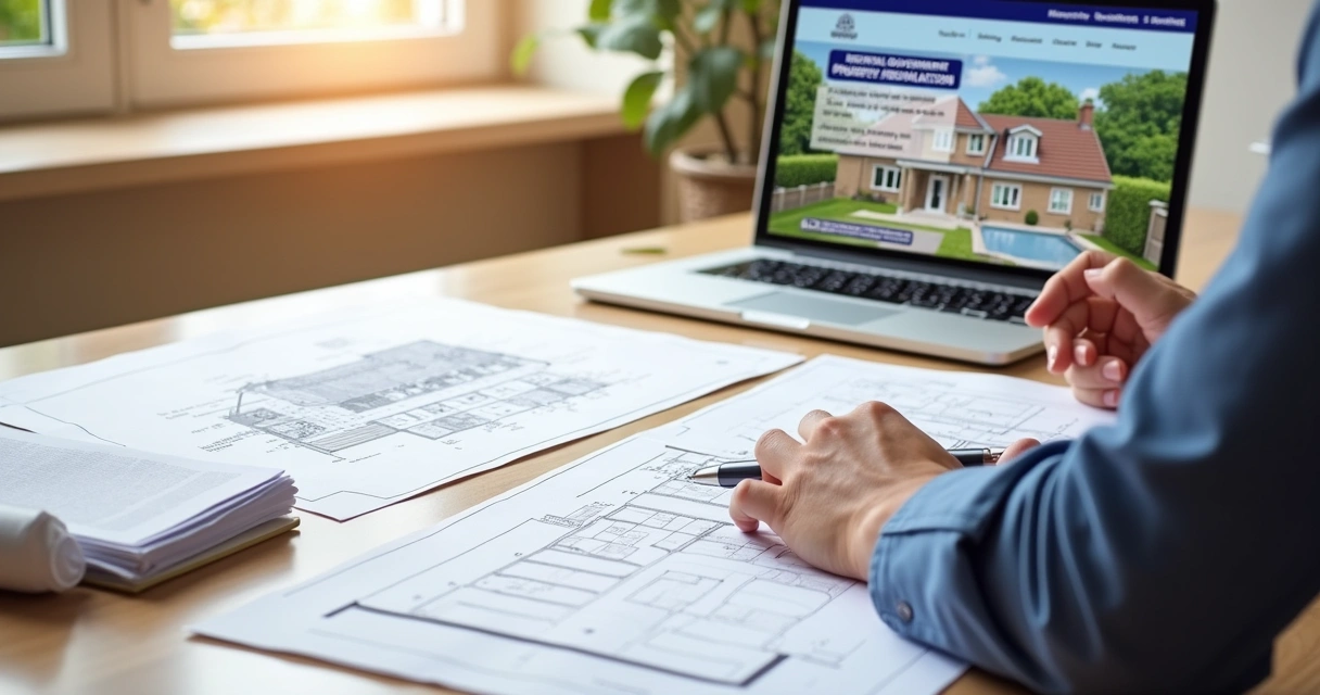 Pessoa analisando documentos de imóveis com uma planta arquitetônica e um laptop aberto mostrando o site da prefeitura para regularização