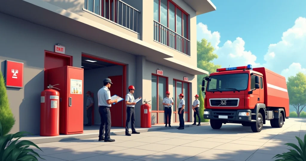 Edifício comercial durante vistoria do Corpo de Bombeiros para obtenção do CLCB