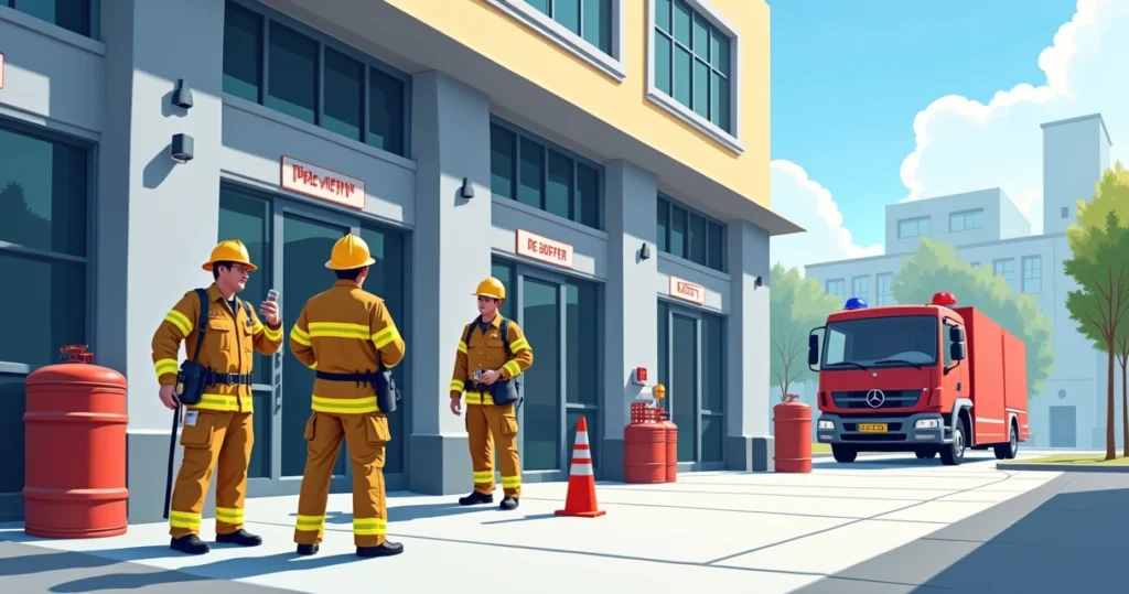 Equipes técnicas realizando vistoria em edifício comercial para segurança contra incêndio
