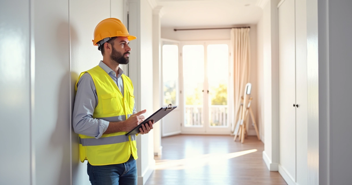 Profissional fazendo vistoria detalhada em imóvel residencial com prancheta e tablet