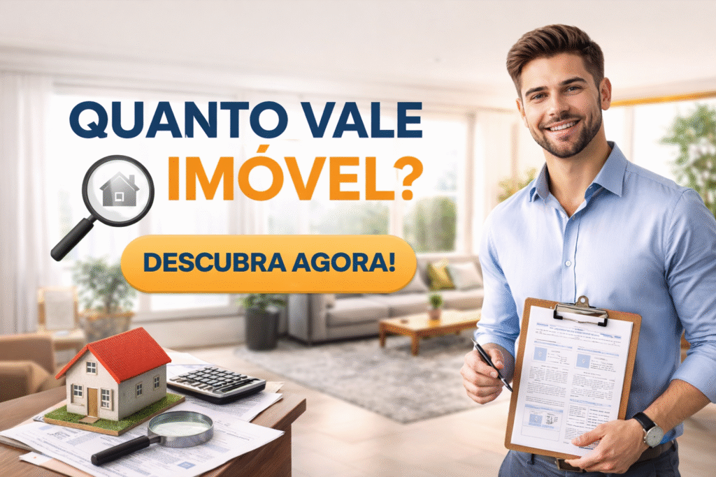 Profissional avaliando imóvel com laudo e planta em ambiente corporativo