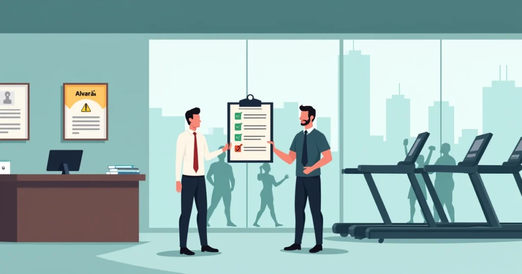 Ilustração de academia em São Paulo com fiscal verificando documentos e placa de alvará em destaque