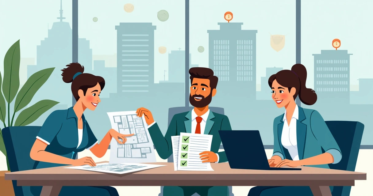 Equipe técnica analisando planta de imóvel em São Paulo com documentos de anistia