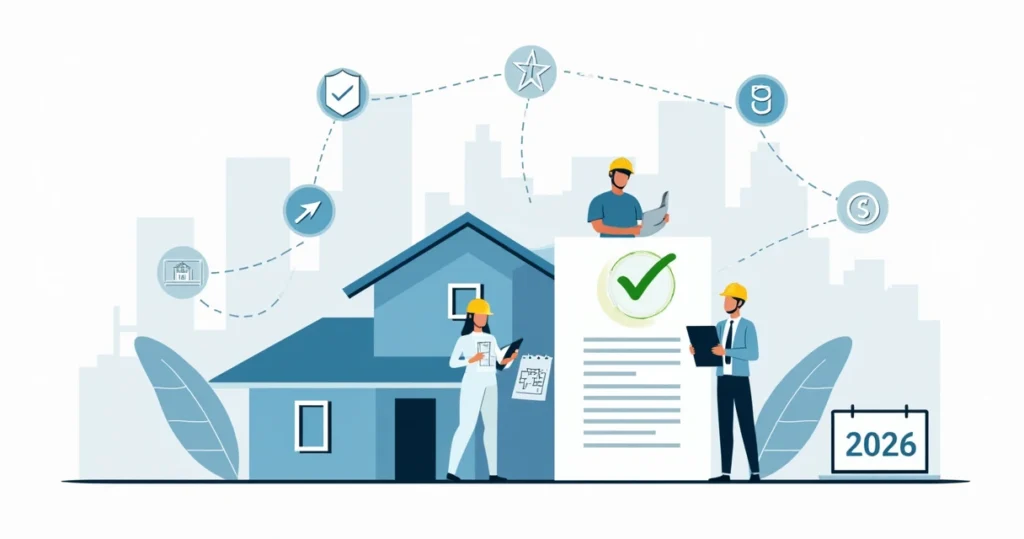 Ilustração de regularização imobiliária com casa, documentos e selo de aprovação