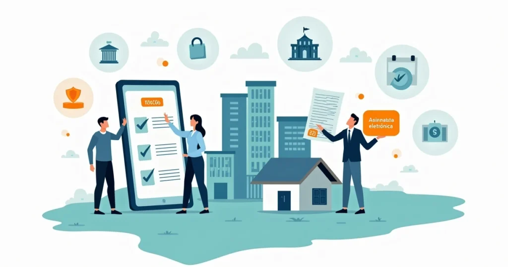 Ilustração de imóvel em São Paulo sendo regularizado com documentos e assinatura digital
