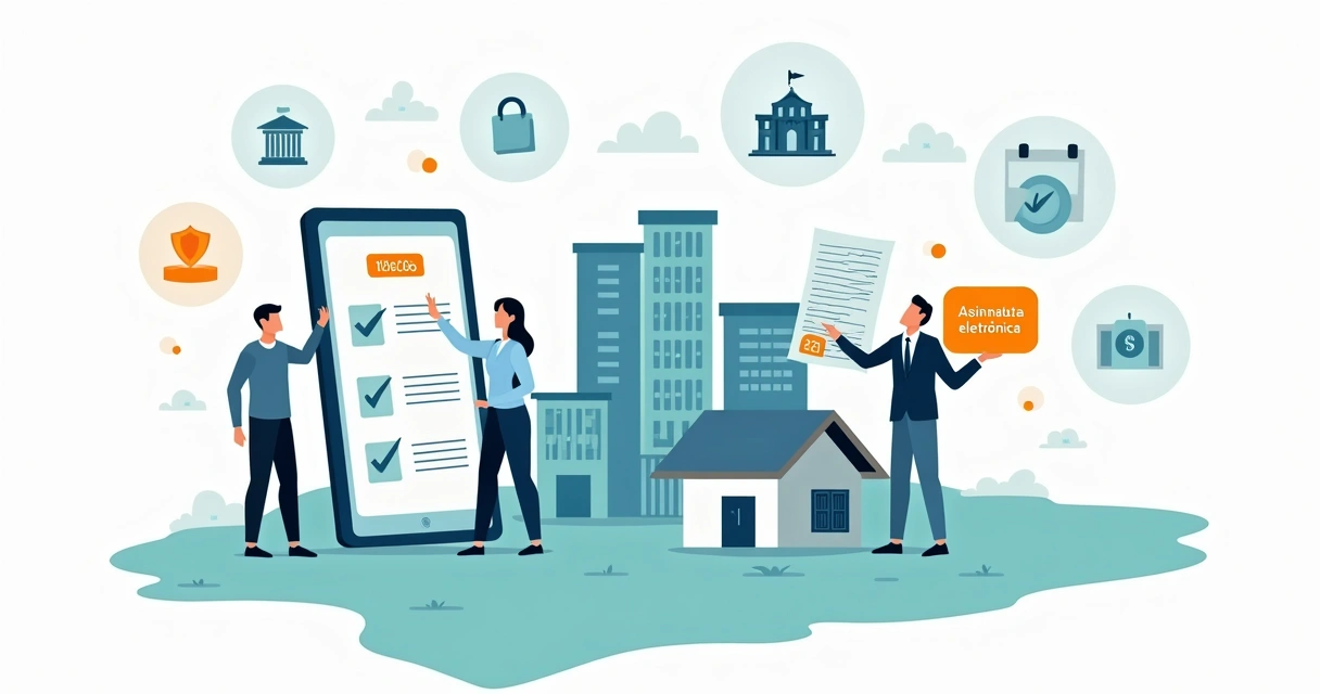 Ilustração de imóvel em São Paulo sendo regularizado com documentos e assinatura digital