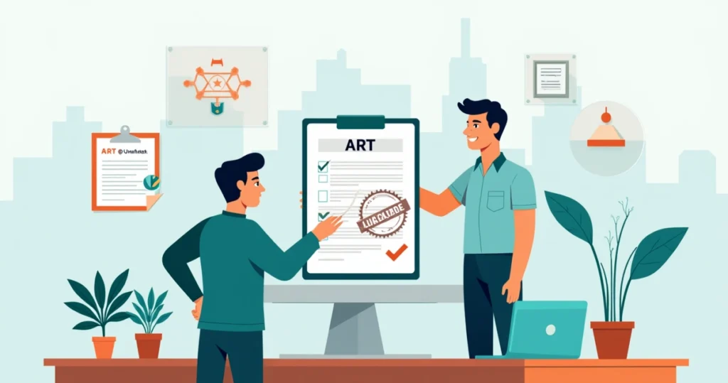Ilustração de arquiteto e empresária analisando ART para licença de funcionamento em escritório moderno