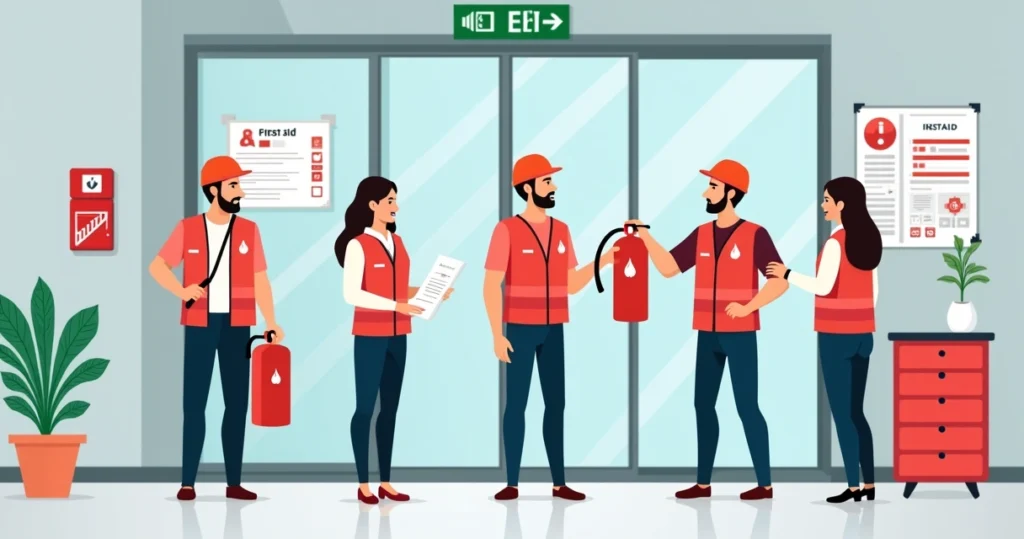 Brigadistas de incêndio treinados em ambiente corporativo com extintores e sinalização de emergência