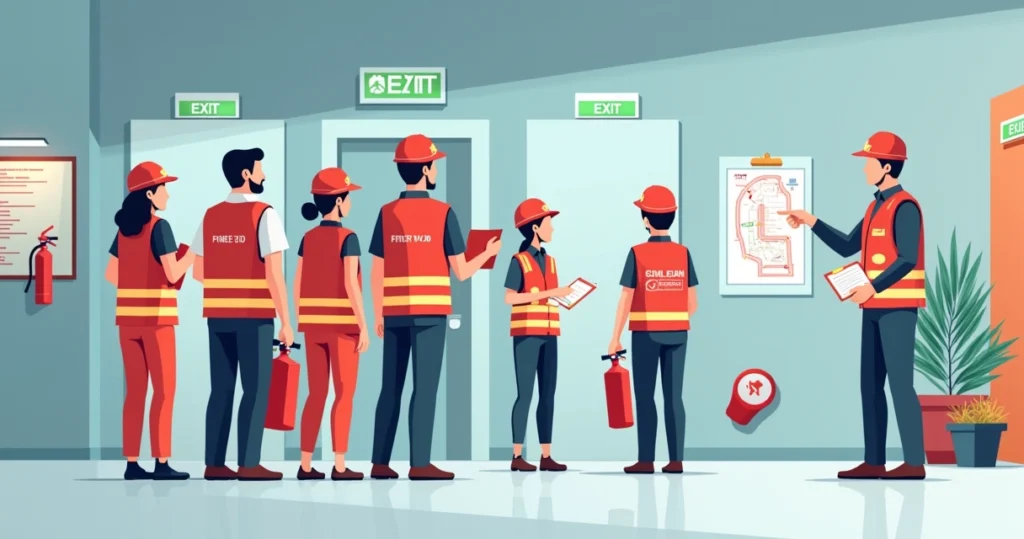 Brigadistas de incêndio treinados em ambiente corporativo com extintores e saída de emergência sinalizada