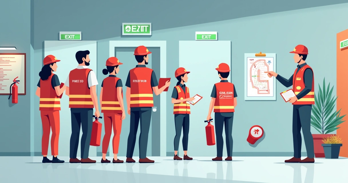 Brigadistas de incêndio treinados em ambiente corporativo com extintores e saída de emergência sinalizada