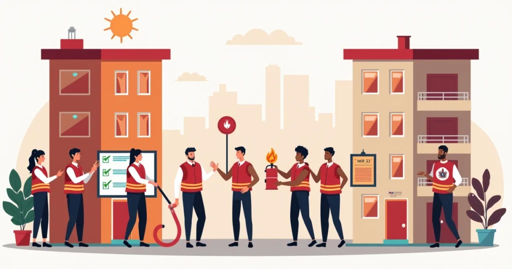 Ilustração de brigada de incêndio treinando evacuação em empresa e condomínio