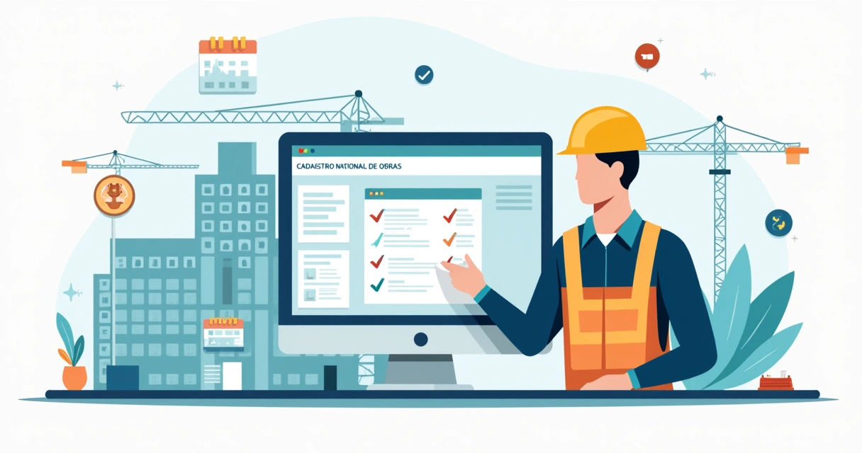 Ilustração de engenheiro usando computador para cadastro nacional de obras CNO