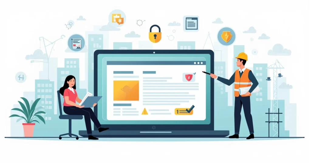 Ilustração de engenheiro e proprietária registrando obra no sistema CNO em computador
