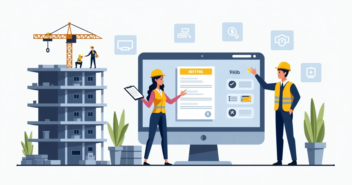 Ilustração de engenheiro em obra consultando certidão negativa de débitos no computador