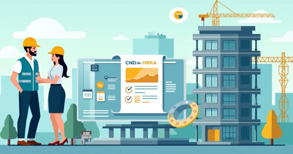 Ilustração de engenheiro e proprietária analisando certidão negativa de obra em frente a um imóvel em construção