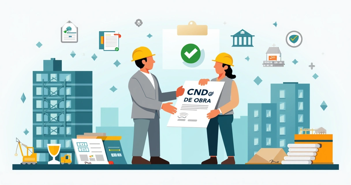 Ilustração de engenheiro analisando CND de obra com documentos e planta baixa