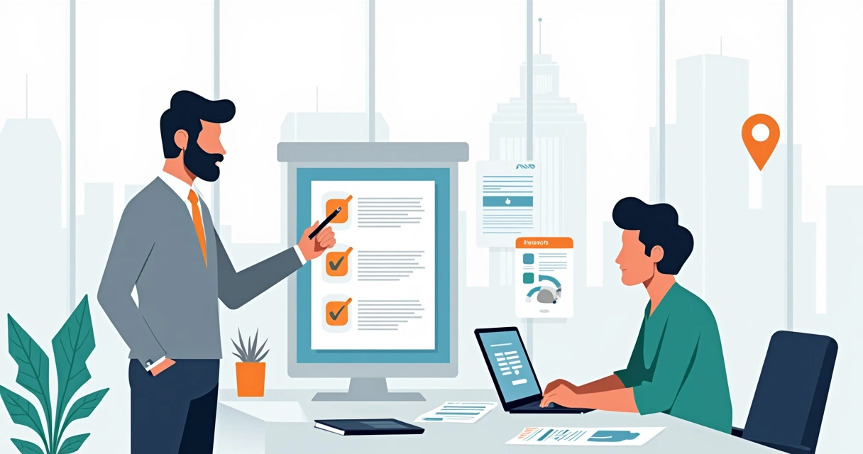 Ilustração de consultor imobiliário apresentando documentação de regularização de imóvel em São Paulo