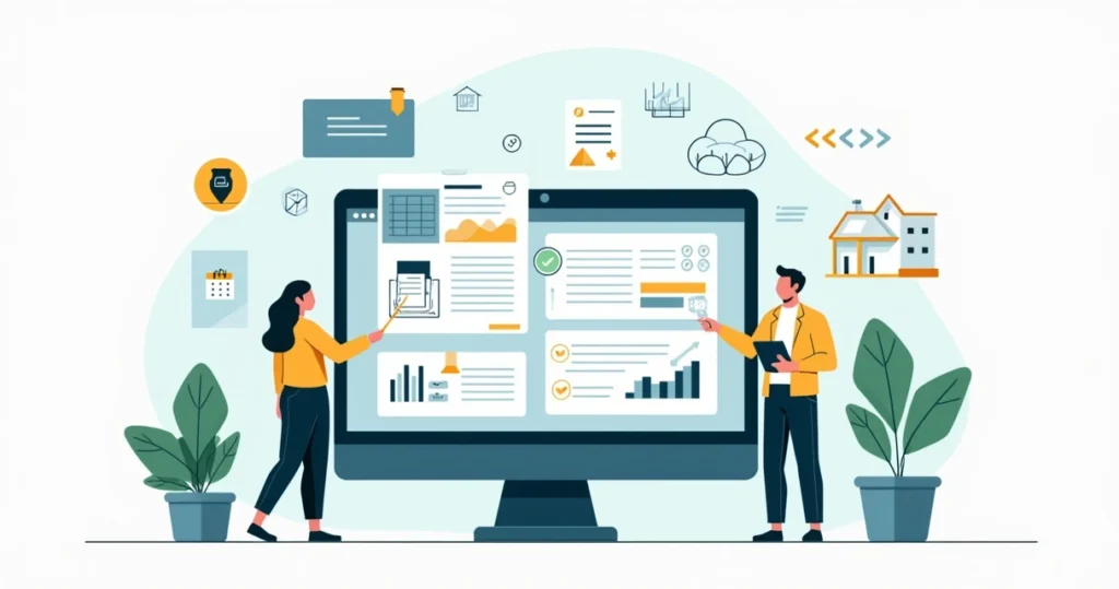 Ilustração de gestão digital de documentação imobiliária em plataforma integrada