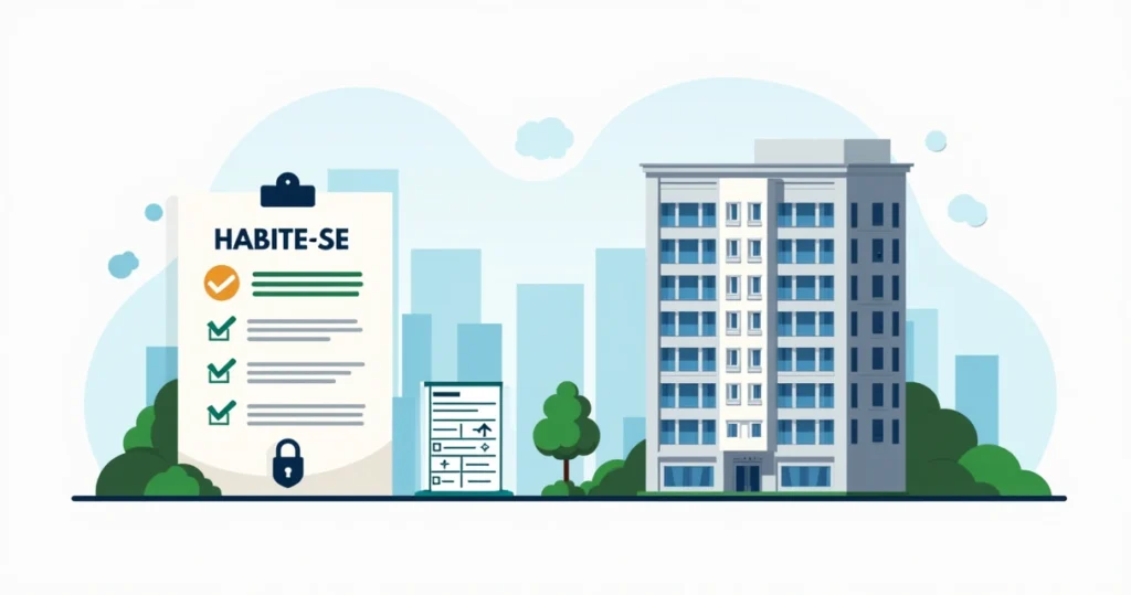 Ilustração de imóvel residencial com planta baixa, carimbo de habite-se e selo de aprovação