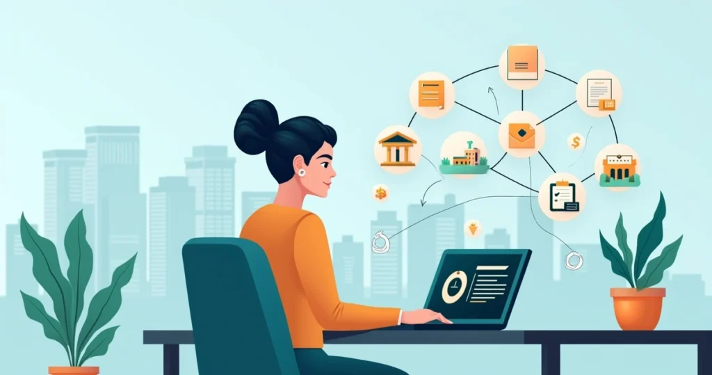 Ilustração de empresária usando plataforma Avante para licença de funcionamento no computador