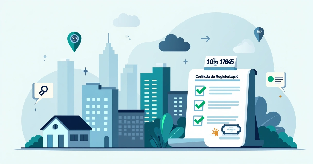 Ilustração de imóveis em São Paulo com destaque para documento de regularização imobiliária