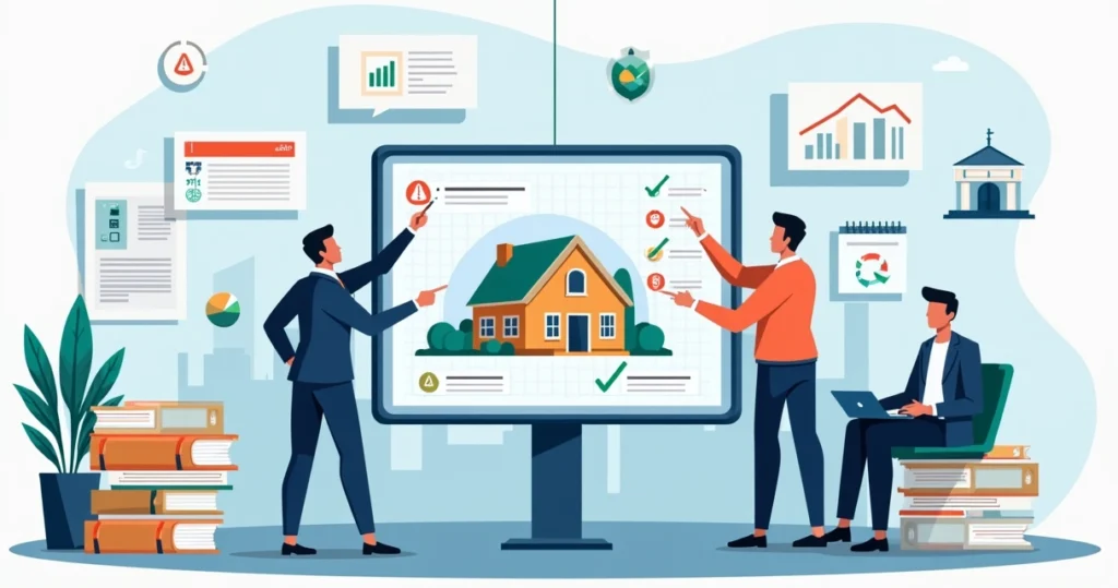 Equipe analisando planta de imóvel com documentos digitais e checklist de regularização