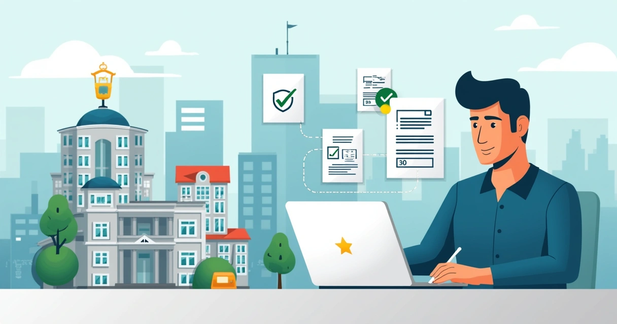 Ilustração de proprietário assinando documentos de regularização de imóvel com apoio digital