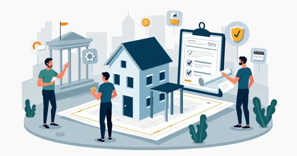 Ilustração de regularização de imóvel em São Paulo com planta, contratos e prefeitura ao fundo