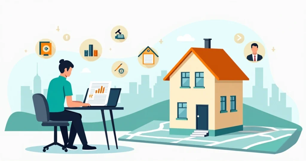 Ilustração de proprietário analisando custos para regularizar imóvel com documentos e casa ao fundo