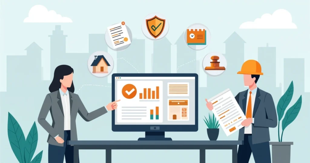 Ilustração de profissional usando plataforma digital para regularização de imóvel