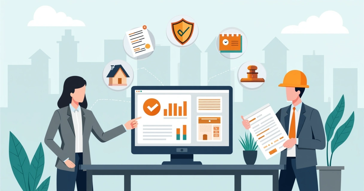 Ilustração de profissional usando plataforma digital para regularização de imóvel