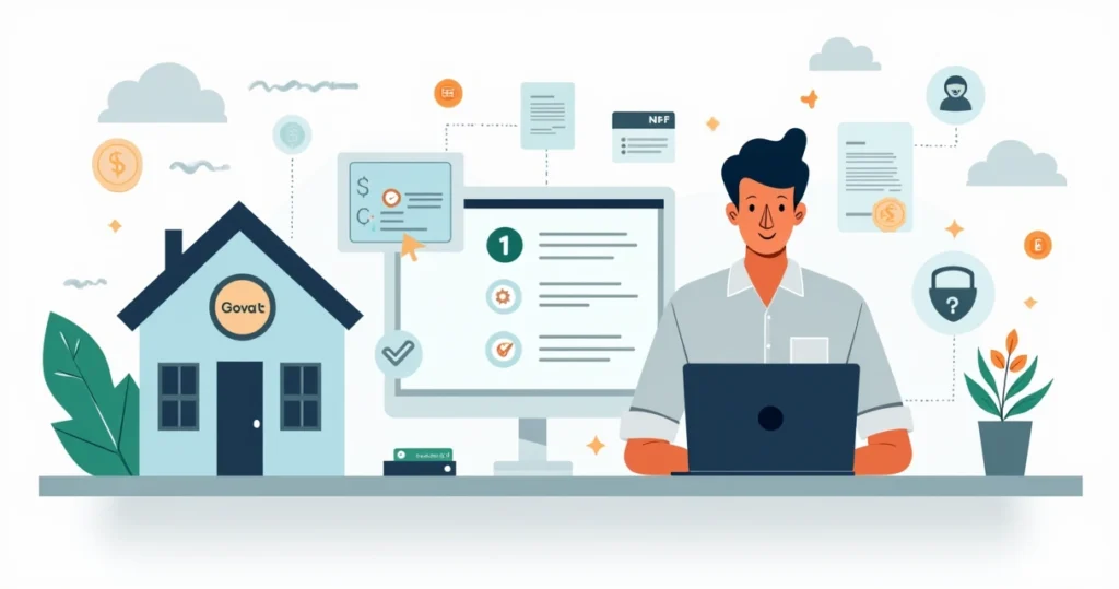 Ilustração de proprietário revisando documentos de regularização de imóvel em plataforma digital