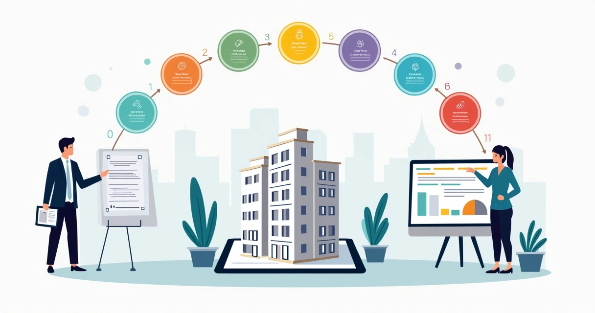 Ilustração de profissionais analisando planta de imóvel com ícones de etapas de regularização