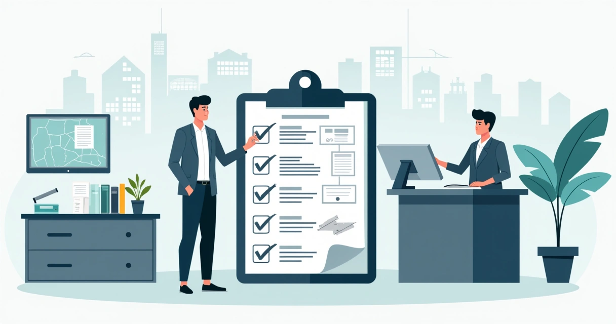 Ilustração de pessoa organizando documentos de usucapião extrajudicial em cartório