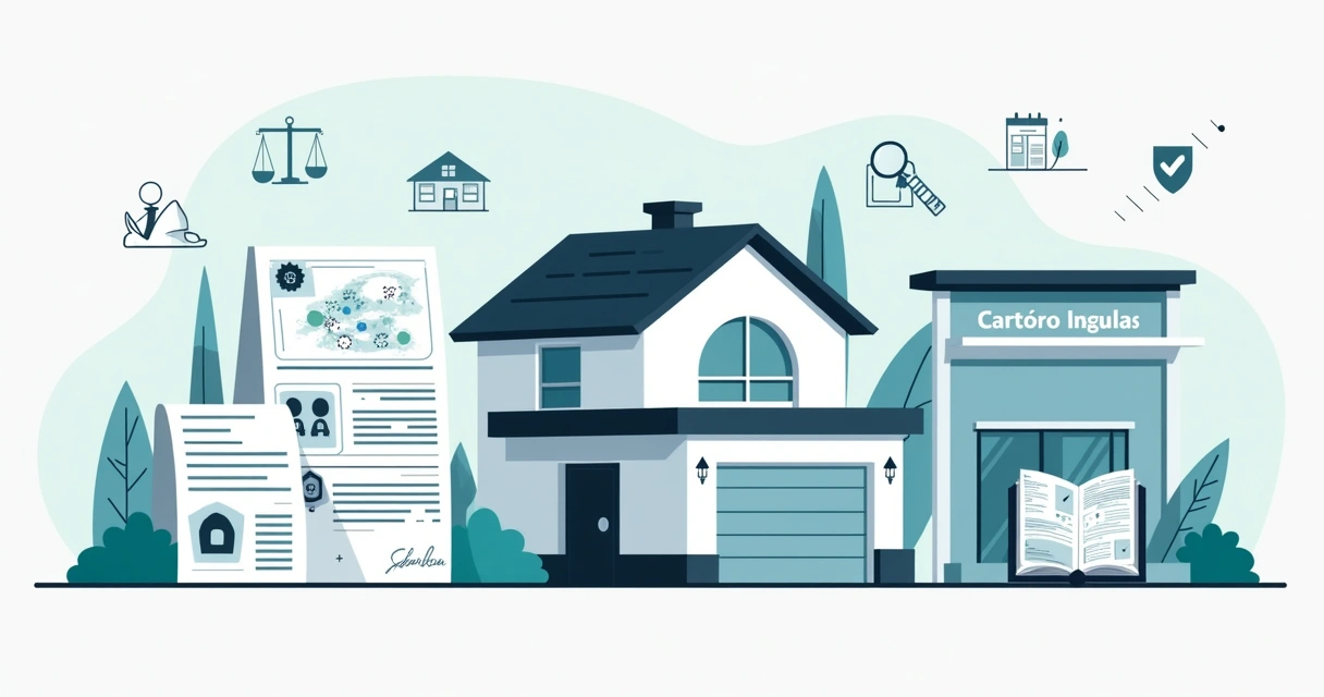 Ilustração de usucapião extrajudicial com imóvel, documentos e cartório