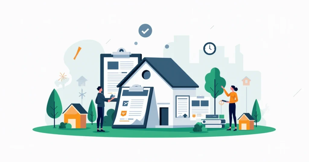 Ilustração de usucapião extrajudicial com imóvel, documentos e carimbo de cartório