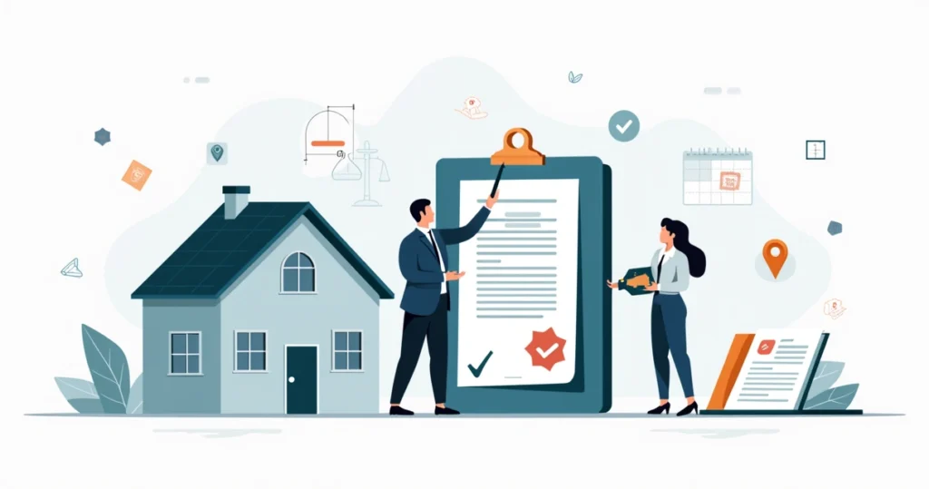 Ilustração de advogado e casal regularizando imóvel com documentos e planta baixa