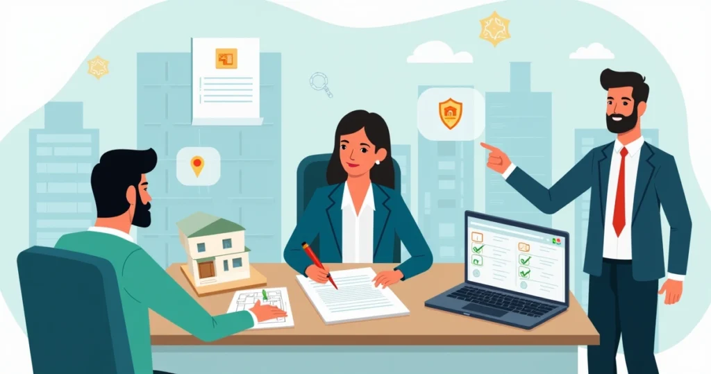 Ilustração de pessoa assinando documentos de usucapião em cartório com planta de imóvel e prédio urbano ao fundo