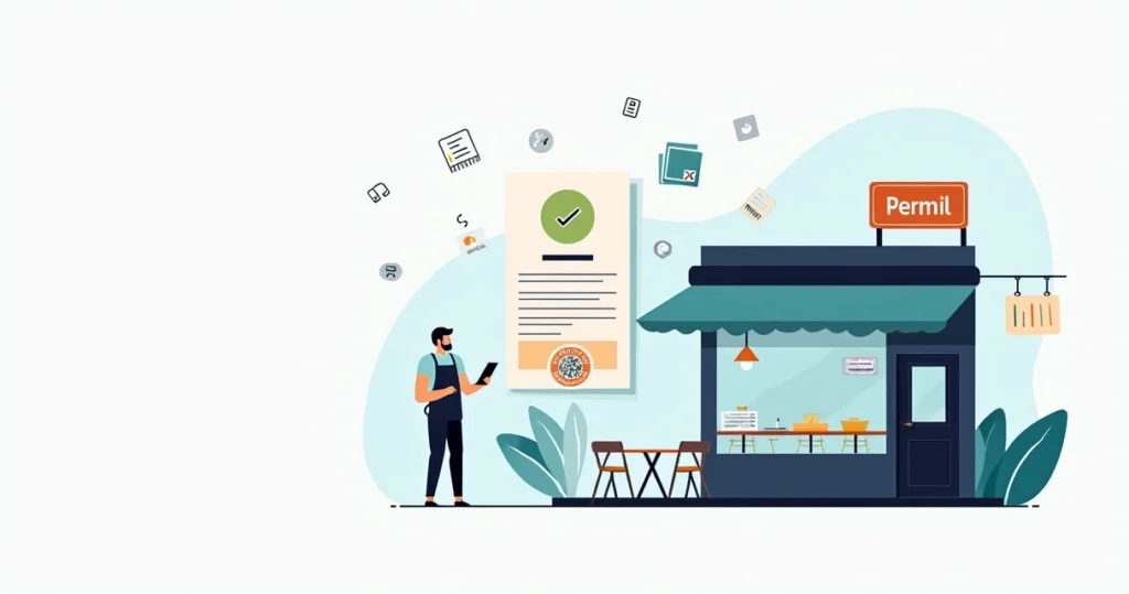 Ilustração de restaurante recebendo alvará de funcionamento com destaques para segurança e legislação
